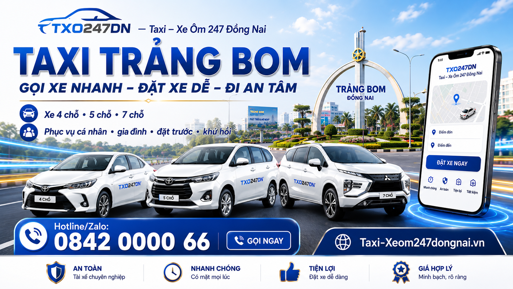 dịch vụ Taxi Trảng Bom – TXO247DN với các lựa chọn xe 4 chỗ, 5 chỗ và 7 chỗ, phục vụ khách cá nhân, gia đình, đặt trước và khứ hồi. Liên hệ Hotline/Zalo 0842 0000 66 – GỌI XE NHANH – ĐẶT XE DỄ – ĐI AN TÂM.