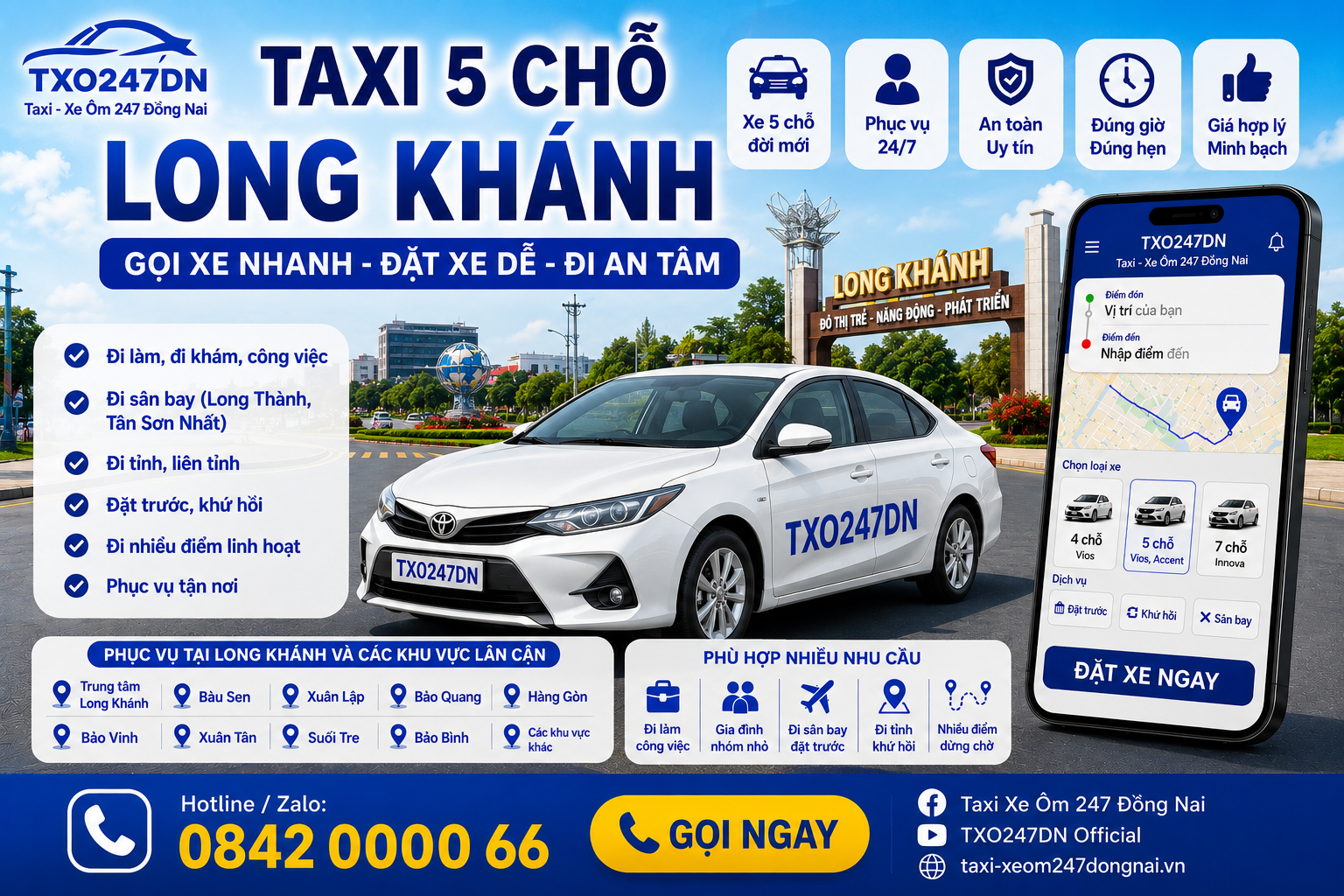 dịch vụ Taxi 5 Chỗ Long Khánh – TXO247DN, phục vụ khách cá nhân, gia đình nhỏ và nhóm ít người cần đi làm, đi khám, đi sân bay, đi tỉnh, đặt trước, khứ hồi hoặc hành trình nhiều điểm. Liên hệ Hotline/Zalo 0842 0000 66 – GỌI XE NHANH – ĐẶT XE DỄ – ĐI AN TÂM.