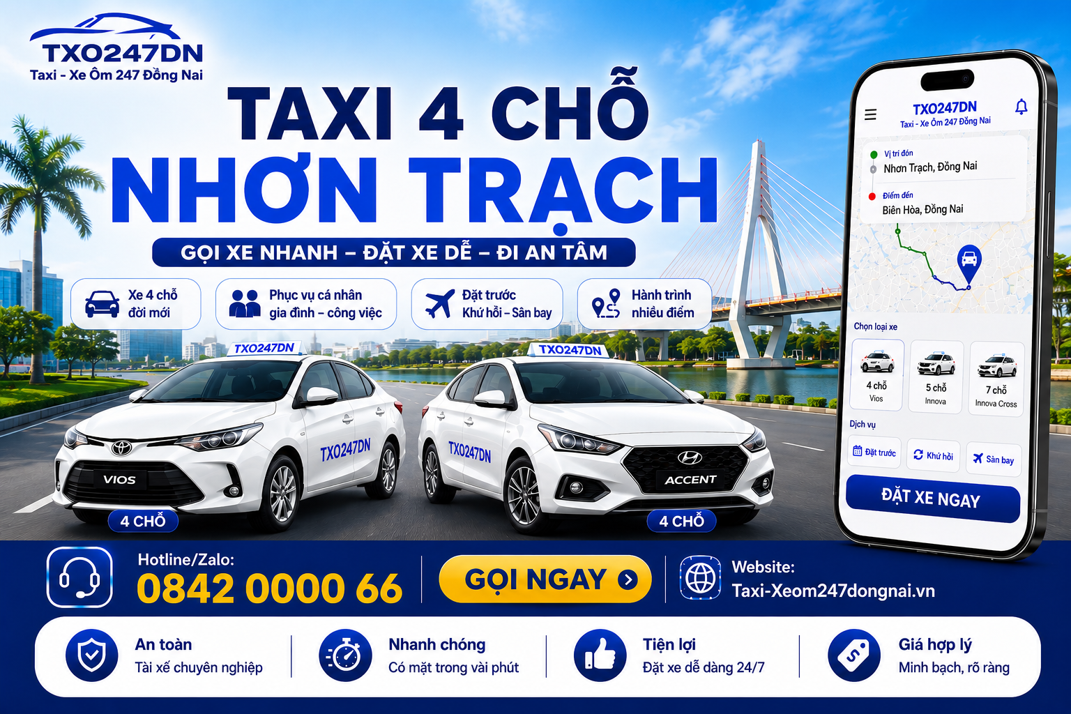 dịch vụ Taxi 4 Chỗ Nhơn Trạch – TXO247DN, phù hợp khách cá nhân, cặp đôi và gia đình nhỏ cần đi làm, đi khám, đi sân bay, đi tỉnh, đặt trước, khứ hồi hoặc hành trình nhiều điểm. Liên hệ Hotline/Zalo 0842 0000 66 – GỌI XE NHANH – ĐẶT XE DỄ – ĐI AN TÂM.
