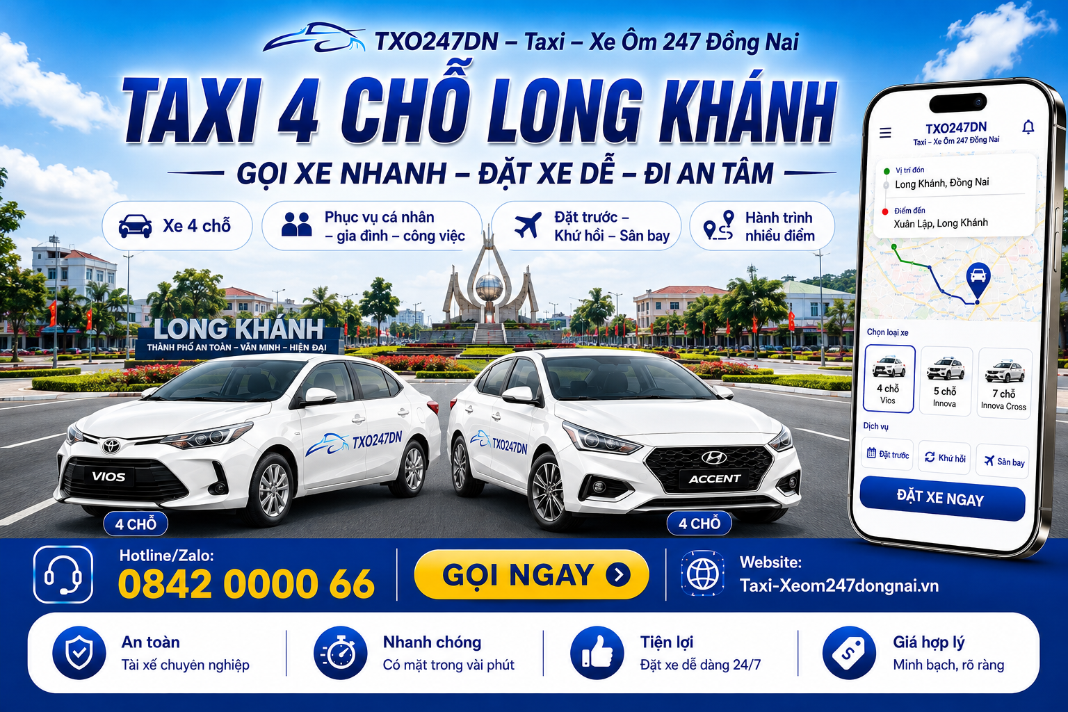 dịch vụ Taxi 4 Chỗ Long Khánh – TXO247DN, phù hợp khách cá nhân, cặp đôi, gia đình nhỏ, đi làm, đi khám, đi sân bay, đi tỉnh, đặt trước, khứ hồi và hành trình nhiều điểm. Liên hệ Hotline/Zalo 0842 0000 66 – GỌI XE NHANH – ĐẶT XE DỄ – ĐI AN TÂM.