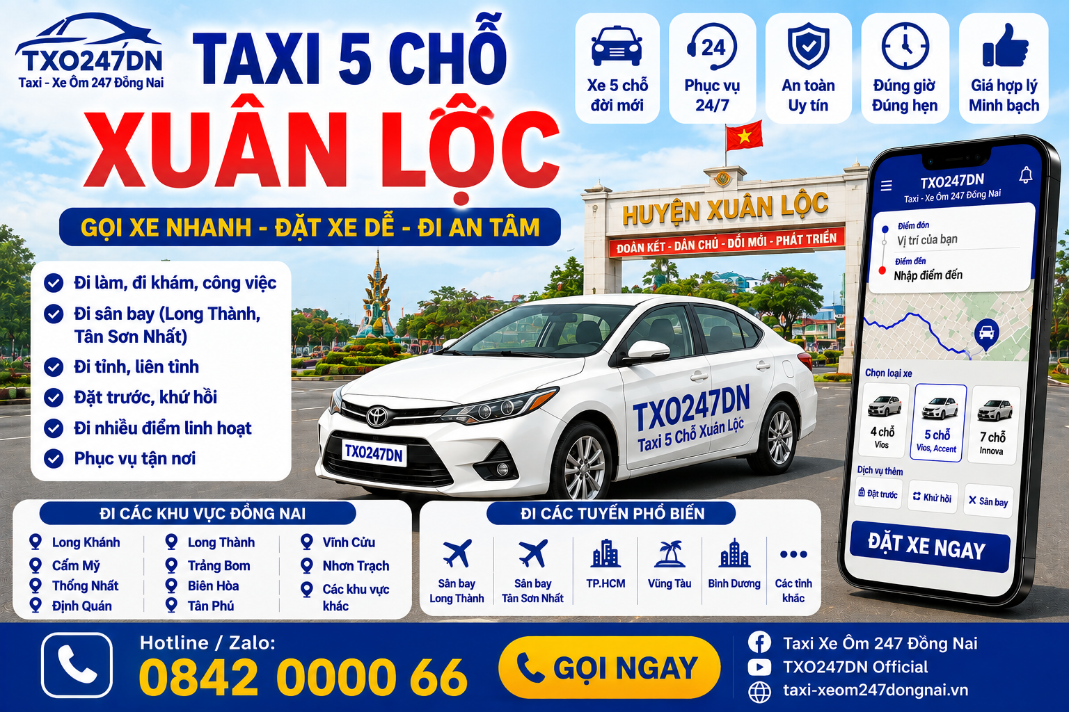 dịch vụ Taxi 5 Chỗ Xuân Lộc – TXO247DN, phục vụ khách cá nhân, gia đình nhỏ và nhóm ít người cần đi làm, đi khám, công việc, đi sân bay, đi tỉnh, đặt trước, khứ hồi hoặc hành trình nhiều điểm. Liên hệ Hotline/Zalo 0842 0000 66 – GỌI XE NHANH – ĐẶT XE DỄ – ĐI AN TÂM