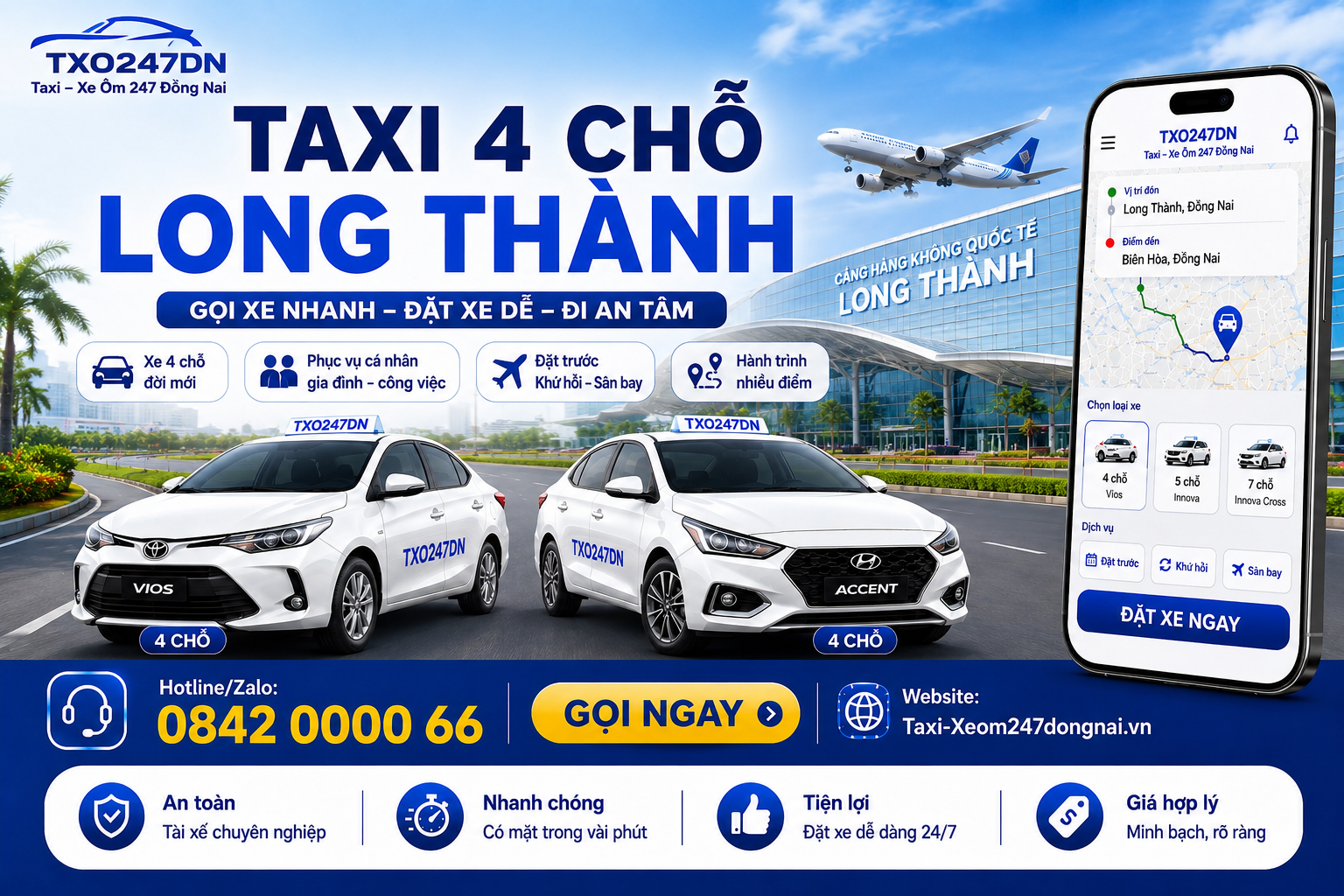 dịch vụ Taxi 4 Chỗ Long Thành – TXO247DN, phù hợp khách cá nhân, cặp đôi, gia đình nhỏ, đi làm, đi khám, đi sân bay, đi tỉnh, đặt trước, khứ hồi và hành trình nhiều điểm. Liên hệ Hotline/Zalo 0842 0000 66 – GỌI XE NHANH – ĐẶT XE DỄ – ĐI AN TÂM.
