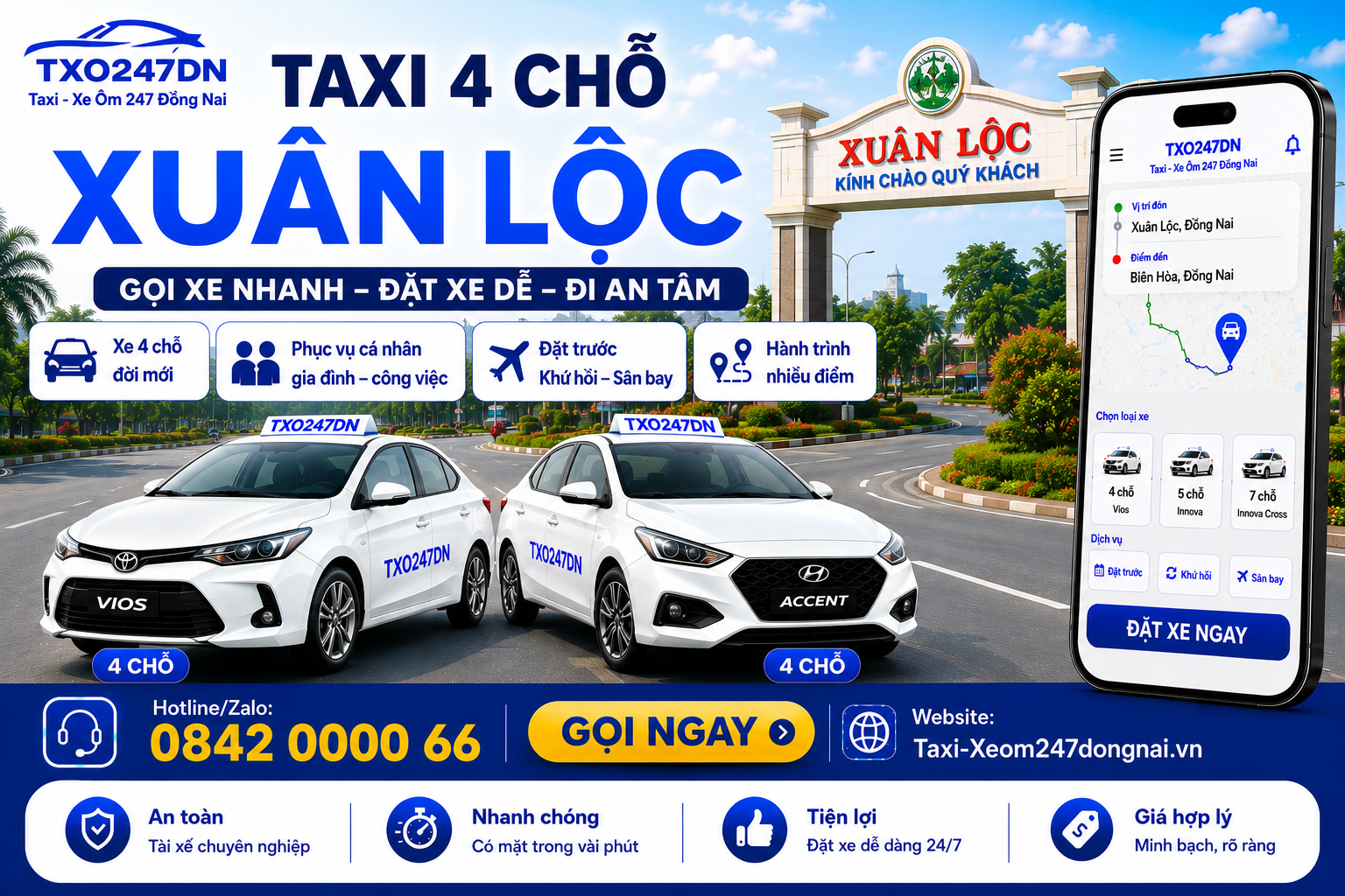 dịch vụ Taxi 4 Chỗ Xuân Lộc – TXO247DN, phù hợp khách cá nhân, cặp đôi và gia đình nhỏ cần đi làm, đi khám, đi sân bay, đi tỉnh, đặt trước, khứ hồi hoặc hành trình nhiều điểm. Liên hệ Hotline/Zalo 0842 0000 66 – GỌI XE NHANH – ĐẶT XE DỄ – ĐI AN TÂM.