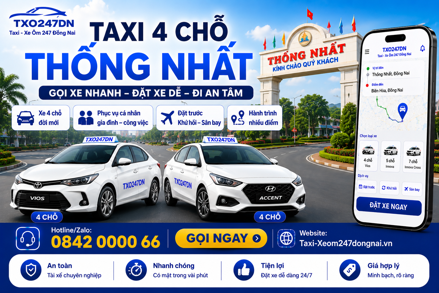 dịch vụ Taxi 4 Chỗ Thống Nhất – TXO247DN, phù hợp khách cá nhân, cặp đôi và gia đình nhỏ cần đi làm, đi khám, đi sân bay, đi tỉnh, đặt trước, khứ hồi hoặc hành trình nhiều điểm. Liên hệ Hotline/Zalo 0842 0000 66 – GỌI XE NHANH – ĐẶT XE DỄ – ĐI AN TÂM.