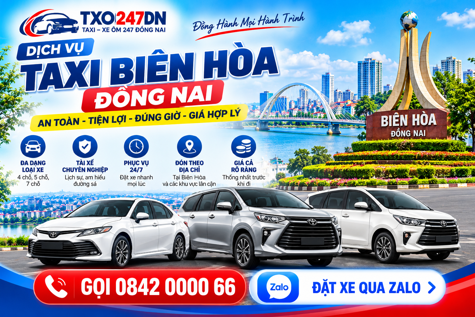Taxi Biên Hòa Đồng Nai TXO247DN nhận đặt xe theo địa chỉ, xe 4 chỗ, 5 chỗ, 7 chỗ đi sân bay, liên tỉnh, công tác, khám bệnh. Gọi 0842 0000 66.
