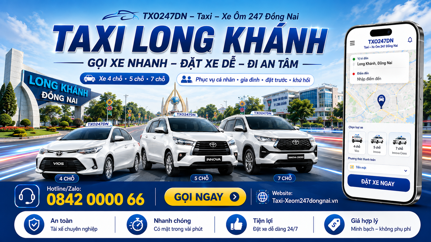 Dịch vụ taxi Long Khánh TXO247DN, hỗ trợ nhu cầu đi nội thành, liên tỉnh, sân bay, công tác và gia đình. Liên hệ 0842 0000 66 để trao đổi lịch trình và báo giá.