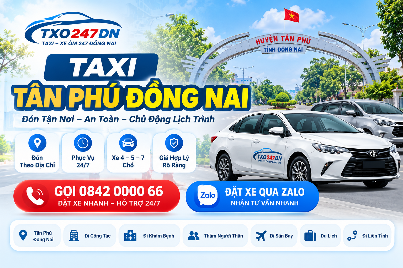 Dịch vụ taxi Tân Phú Đồng Nai TXO247DN, hỗ trợ đi nội huyện, liên tỉnh, sân bay, khám bệnh và du lịch. Gọi 0842 0000 66 để trao đổi lịch trình và báo giá.